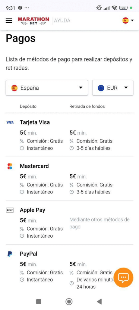 métodos de pago en marathonbet españa