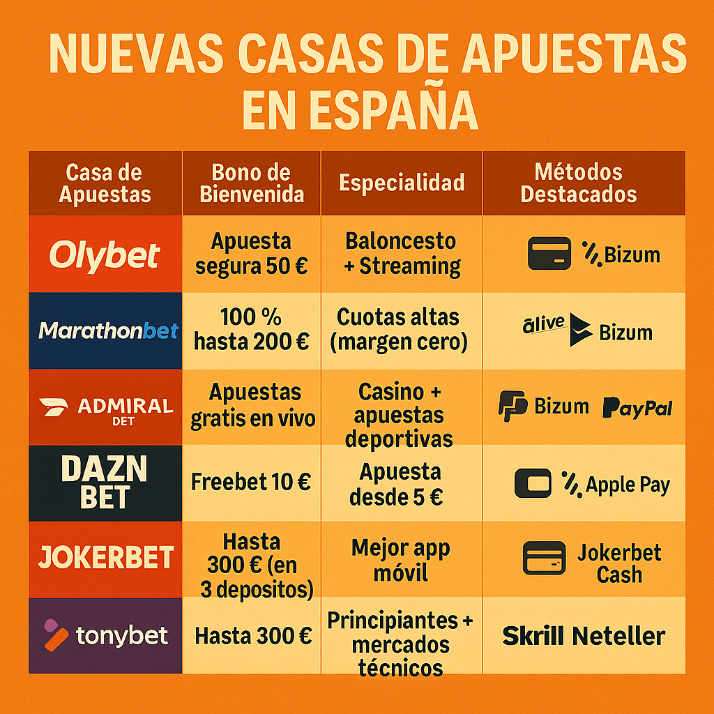 Infografía titulada “NUEVAS CASAS DE APUESTAS EN ESPAÑA” con una tabla que muestra seis operadores (Olybet, Marathonbet, Admiral Bet, DAZN Bet, Jokerbet, Tonybet), sus bonos de bienvenida, especialidades (como baloncesto, streaming o casino) y métodos de pago principales (Bizum, Apple Pay, PayPal, Skrill).